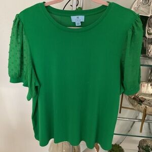 CeCe Vibrant Green Blouse with Sheer Sleeves